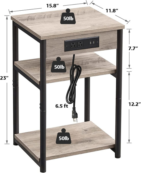 3-Tier TB01BG026 TUTOTAK End Table with Charging Station, Nightstand, Couch Side Table with USB Ports and Outlets