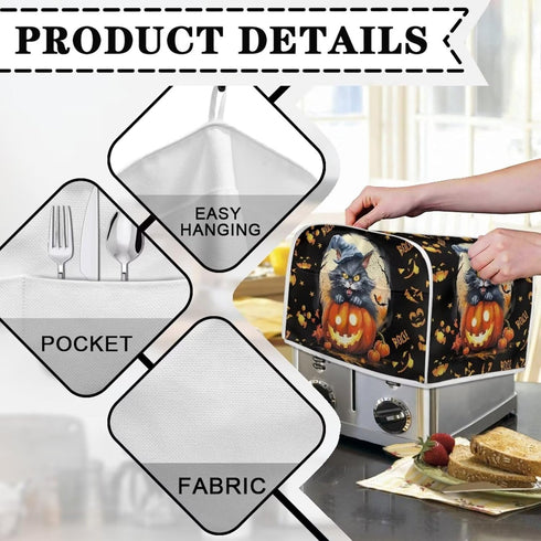 Black Cat Toaster Cover for 2 Slice Long Slot, Washable Pumpkin Dust Cover for Halloween Kitchen Decor