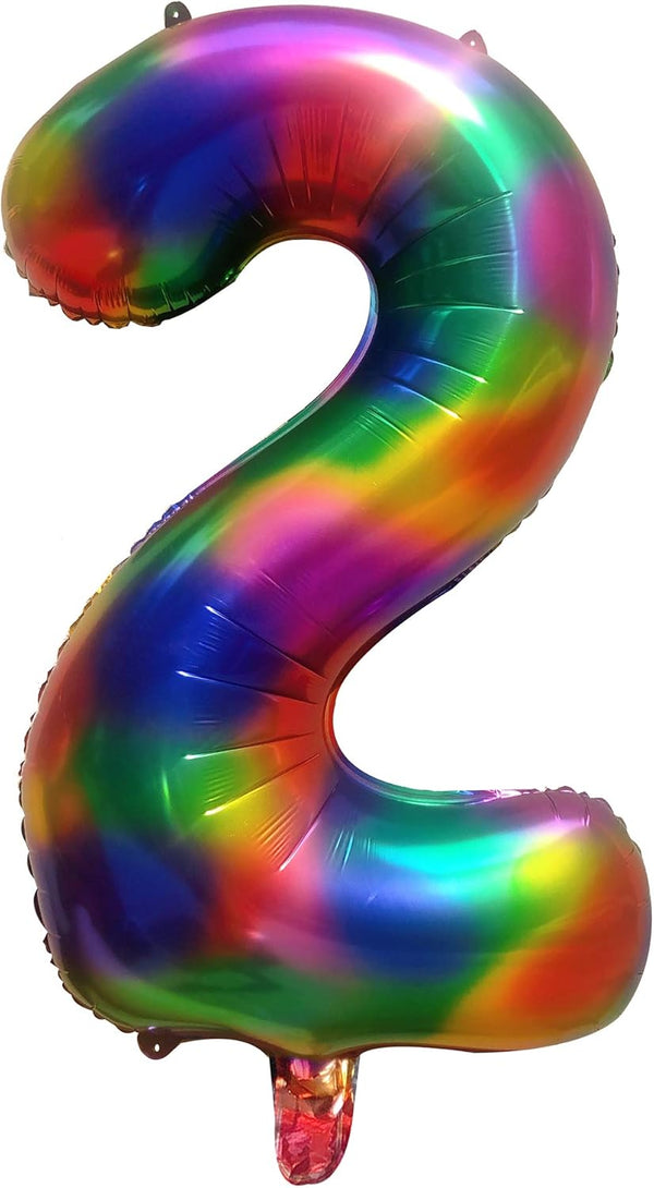 Rainbow Number Balloon 2, 40 Inch Mylar Balloons for Birthdays, Tie Dye Party Supplies, Large Colorful Decorations