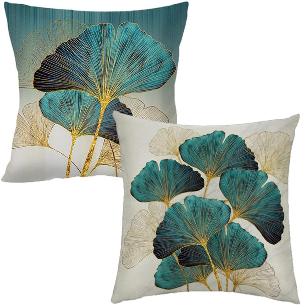 Throw Pillow Cover Green Plant Leaves, 18 x 18 Inch Teal Cushion Cover, Set of 2 Turquoise Ginkgo Leaf Case