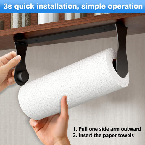Counter Paper Towel Holder Under Cabinet, Black, Adhesive & Wall Mount, Under Paper Towel Rack for Kitchen
