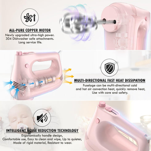 Electric Hand Mixer with Stainless Steel Whisk and Dough Hook - Handheld Mixer for Baking Cakes, PINK