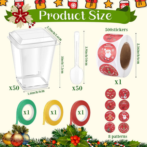 LemonRoad 50 Pack 5 oz 500 Stickers(8 3 Plastic Dessert Cups with Lids and Spoons, Round Designs), Rolls Curling Ribbon