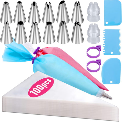 Piping Bags and Tips Set, 100Pcs 12 Inch Disposable Pastry Bags for Cake Decorating Kit Supplies