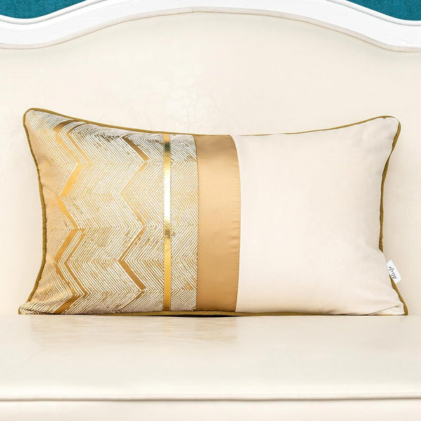 Alerfa 12 x 20 Inch Khaki White Geometric Striped Gold Leather Patchwork Velvet Cushion Case for Couch Sofa