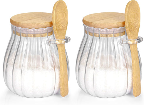 2Pcs Sugar Container with Bamboo Lid, 15oz Glass Jar for Coffee Bar Accessories, Refillable Design