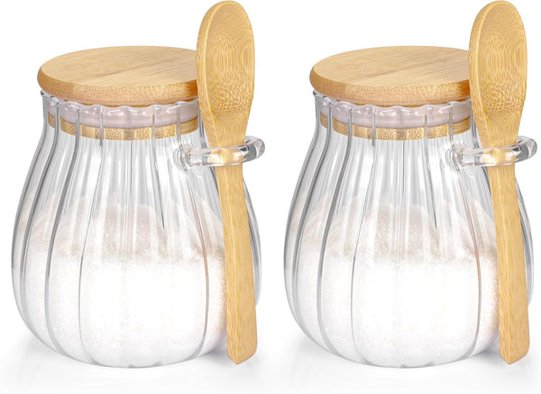 2Pcs Sugar Container with Bamboo Lid, 15oz Glass Jar for Coffee Bar Accessories, Refillable Design