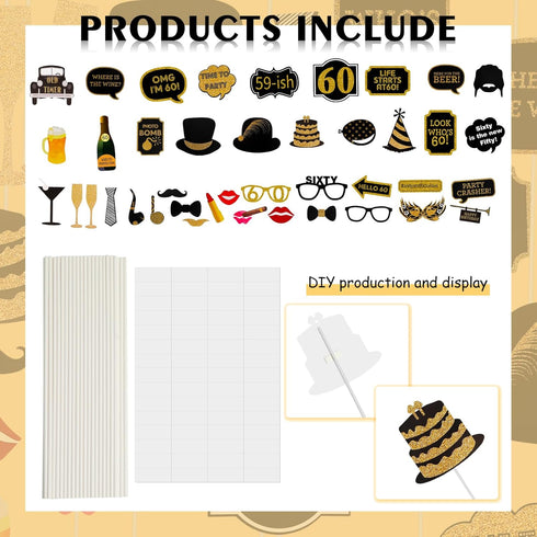 Adult 60th Birthday Photo Booth Props, 41Pcs for Her Him, Gold and Red Decorations, Party Supplies