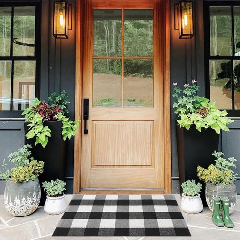 KIMODE Buffalo Plaid Front Door Mat, 24"x35", Black and White Checkered Cotton Woven Rug