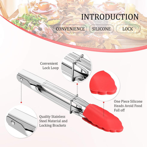 6 Pieces Mini Silicone Tip Tongs, 7 Inch Kitchen Serving Tongs, Small Metal Locking Tongs for Salad Grilling, 6 Colors