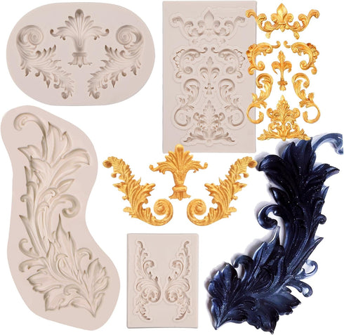Baroque Silicone Fondant Molds, 4 Pack Scrolls Border Feather Crown Corner Molds for Cake Decorating