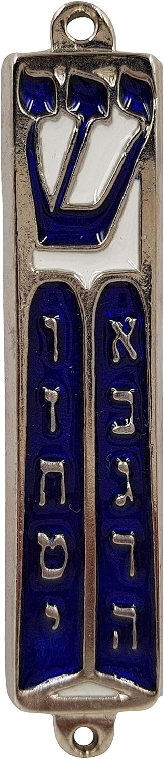 TALISMAN4U Ten Commandments Mezuzah with Scroll, Silver Tone Blue Enamel Israel Door Mezuza, 3.5 Inch