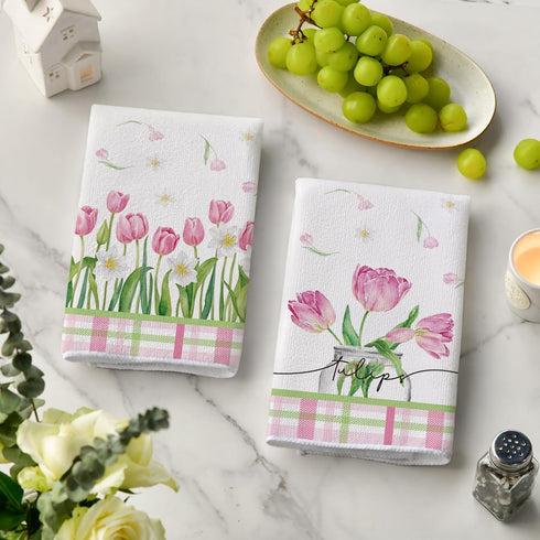 18x26 Inch Set 2 Artoid Mode Tulip Buffalo Plaid Flowers Spring Kitchen Towels Dish Towels, Seasonal Floral Decoration