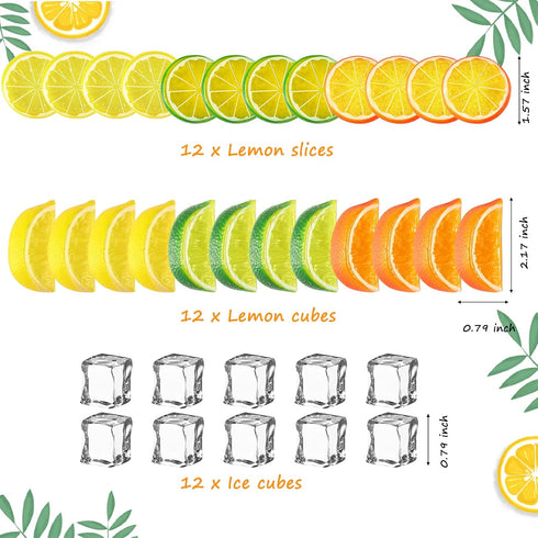 24 12 Set Cindeer Pcs Fake Lemon Slices Blocks and Pcs Fake Ice Cubes - Artificial Lemon Lime Slice and Acrylic Ice