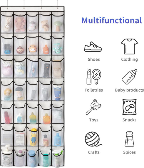 35 Pockets Over the Door Shoe Organizer, Hanging Storage Bag with 35 Mesh Pockets and 4 Metal Hooks