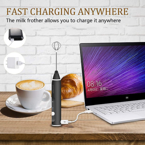 Rechargeable Electric Milk Frother, 3 Speeds Stainless Steel Whisk for Coffee, Cappuccino, Chocolate, Tea