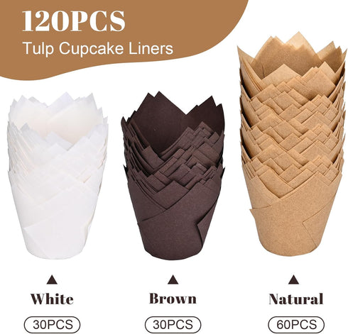 120 Counts Tulip Cupcake Liners for Baking, Food Grade Parchment Paper Muffin Holders, Greaseproof Wrappers