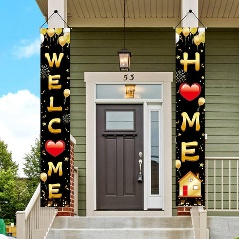 Welcome Home Door Banner Decoration, Black Gold Welcome Back Home Porch Banner for Outdoor Party Supplies