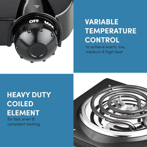 Elite Gourmet ESB100B Countertop Single Coiled Burner Electric Hot Plate, Temperature Control, Indicator Light, Easy to Clean, Black by Elite Gourmet