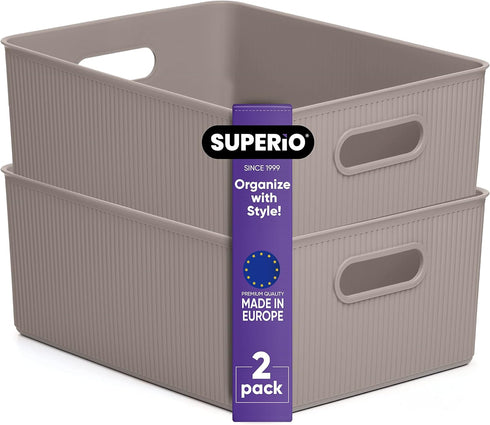 Superio Ribbed Collection - Decorative Plastic Open Storage Bins, Large Taupe (2 Pack), 15 Liter/16 Quart