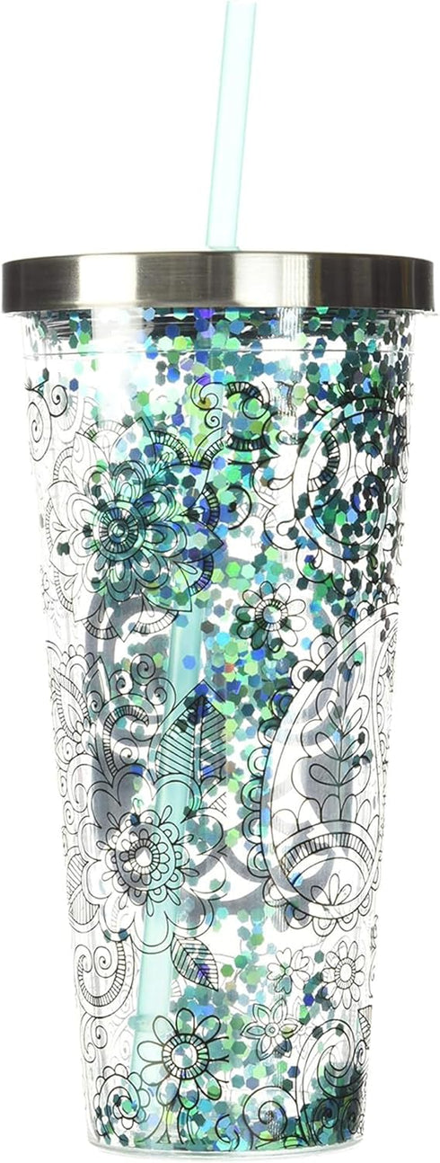Spoontiques Glitter Filled Acrylic Tumbler - 20 oz Glitter Cup with Straw, Double Wall Insulated, BPA Free, Blue Owl