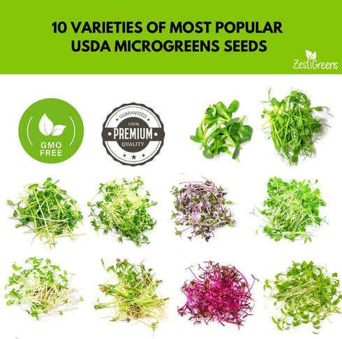 10 Pack Variety Microgreens Seeds - Broccoli, Sunflower, Pea, Salad Mix, Daikon Radish, Kale, Amaranth, Spicy Salad