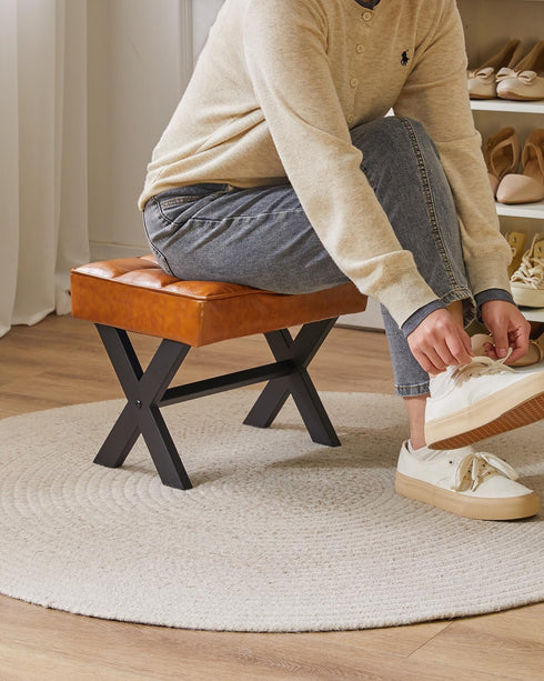 12" WBD012J IBUYKE Small H Footrest Stool, Square PU Foot Stool with Metal X-Leg, Multi-Use as Small Side Table, Step