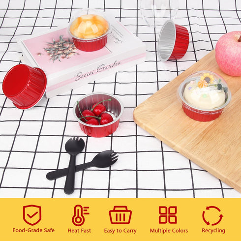 LNYZQUS 5oz Cupcake Pans Muffin Tins 100 Pack, Aluminum Foil Mini Cake Baking Cups with Dome Lids,Disposable Ramekins Cupcake Liners,Small Cake Mini Pie Baking Pan for Christmas -Red by LNYZQUS