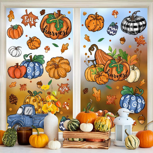6 Sheets Fall Window Clings, Double-Sided Window Stickers with Orange Maple Leaves Pumpkins for Thanksgiving Home