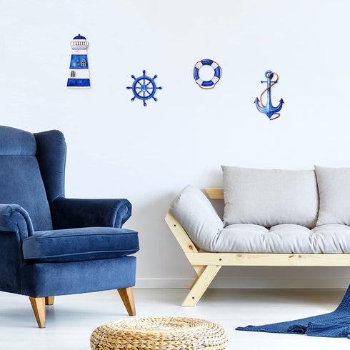 Yookeer 4 Pcs Beach Coastal Wall Decor, Nautical Bathroom Decor, Wood Lighthouse, Ship Wheel, Anchor Wall Art Signs