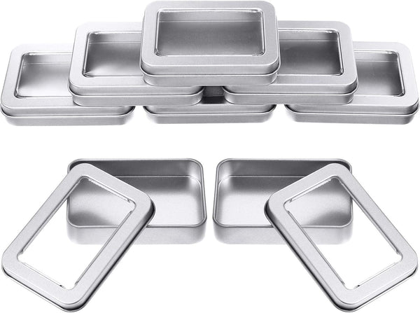 8 Pieces Tin Box Metal Tins with Lids, Clear Top, Mini Portable Storage Case for Home Candles, Gifts, 3.4x2.4x0.8 Inch,