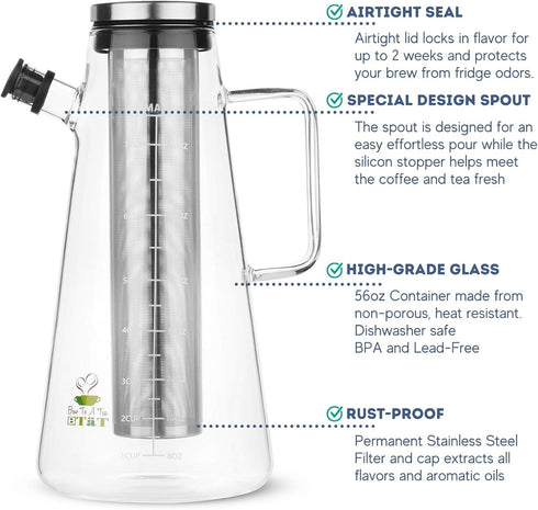 BTaT Cold Brew Coffee Maker, Iced Coffee Maker, 2 Liter, 64 oz, Cold Brew System, Tea Pitcher, Coffee Accessories