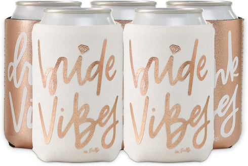 xo, Fetti Bachelorette Party Bride Vibes Can Cooler - White + Rose Gold, 10 Count, Bridal Shower Decoration