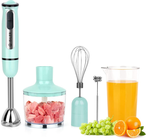 ISILER Immersion Hand Blender, 500-Watt 5-in-1 Stick Blender with 860ml Food Chopper, 600ml Container, Milk Frother,