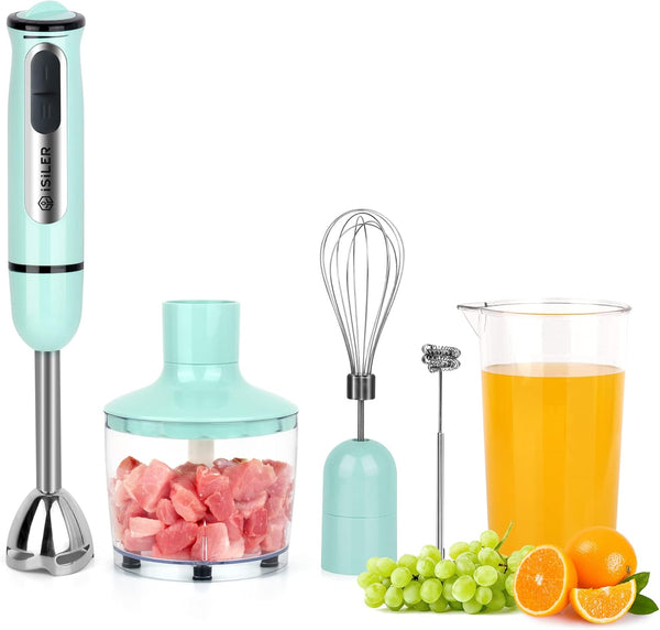 ISILER Immersion Hand Blender, 500-Watt 5-in-1 Stick Blender with 860ml Food Chopper, 600ml Container, Milk Frother,