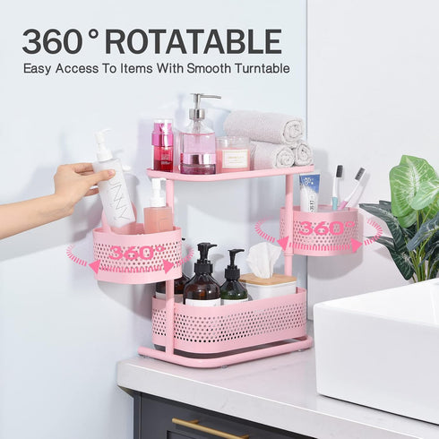 KINGRACK 3 Tier Bathroom Organizer Countertop, Multi-Purpose Makeup Organizer, Rotating Desktop Skincare Tray, Pink