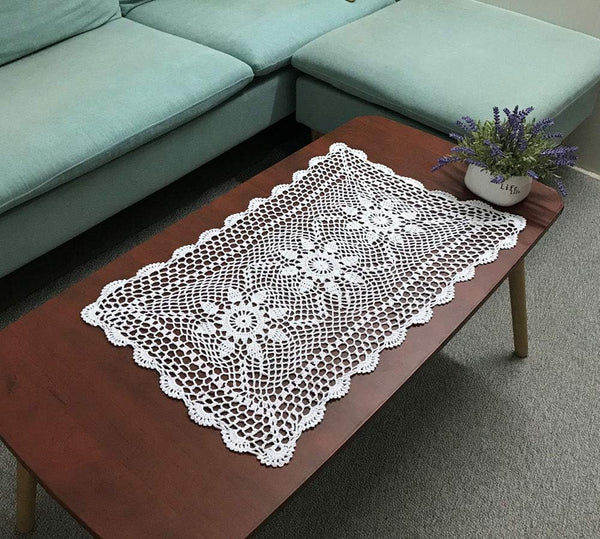 Hetao 16x27 100% Cotton Handmade Crochet lace Table Runners Oblong Tablecloth Doilies Doily,White