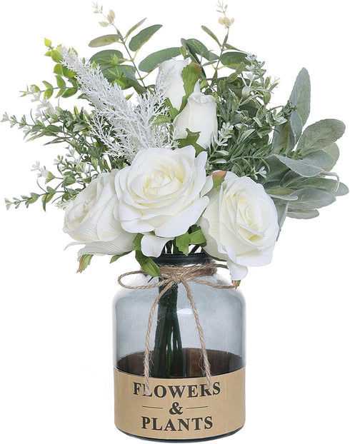 YXZZWL Artificial Flowers with Vase, Faux Silk Roses and Eucalyptus Centerpiece for Home Decor (White)