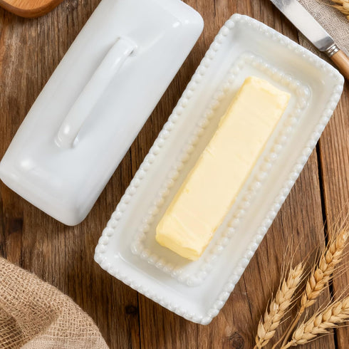 Countertop White Ceramic Butter Dish with Lid-Vintage Pearl Embossed Edge & Large Arc Handle-Keeps Butter Fresh on