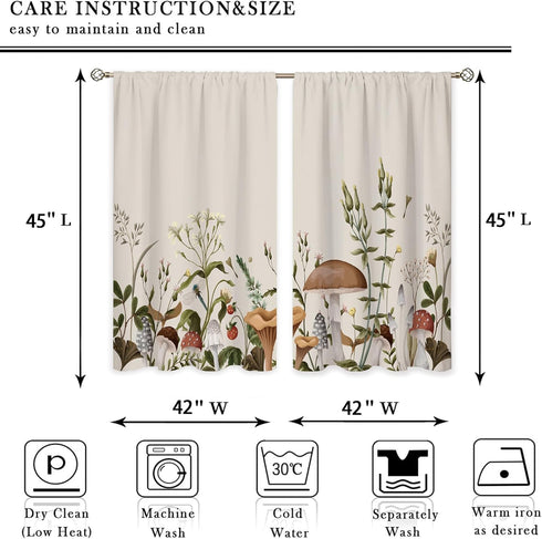 2 42Wx45H Inch Vintage Mushroom Window Curtains Leaves Botanical Rod Pocket Rustic Boho Mushroom Beige Curtain Drapes