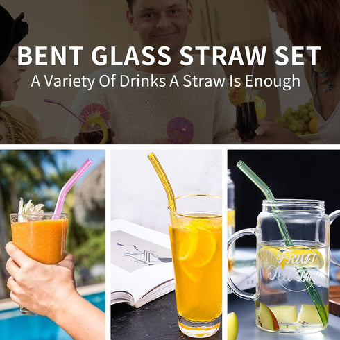 10 Pack Reusable Colorful Glass Straws, 8" Shatter-Resistant Bent Drinking Straws, Includes 2 Cleaning Brushes