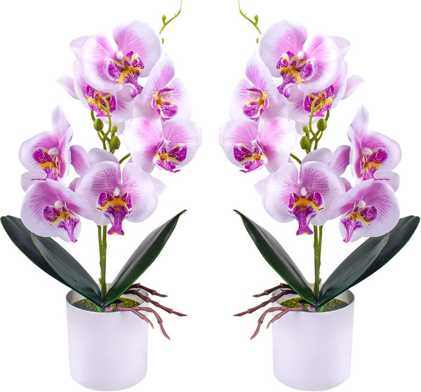 XONOR 2 Pieces Artificial Orchid Flowers, Potted Fake Orchids with Plastic Vase for Home Decor, Office, Wedding