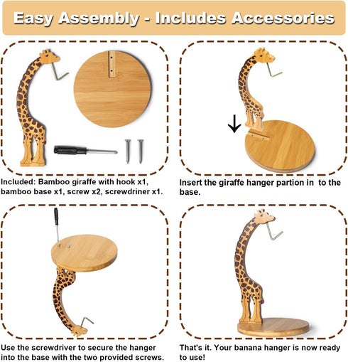 Countertop Giraffe Banana Holder Stand, Bamboo Banana Hanger with Stainless Steel Hook for or Under Cabinet Decorative