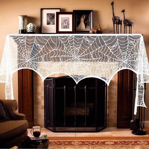 AerWo Halloween Decorations Indoor Fireplace Mantel Scarf, White Lace Spiderweb Cover for Halloween Mantle Decor, 18x96