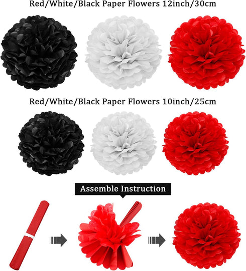 WILLBOND 29 Pcs Red and Black Decorations, Mouse Paper Decoration Fan Pom Pom for Graduation Birthday