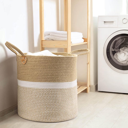 CHICVITA Extra Large Woven Storage Basket with Handles, Laundry Basket Toy Towels Jute Blanket Basket, 16" x 16"