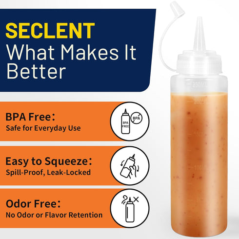 SECLENT 8 oz 6 Pack Squeeze Bottles, Plastic Condiment Squeeze Bottles for Sauces, Ketchup, Squirt Bottle for Dressing