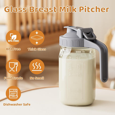 32oz OneDream Breast Milk Pitcher Glass Pitcher with Lid, Formula Pitcher Leakproof Drip-Free Spout, Wide Mouth Mason