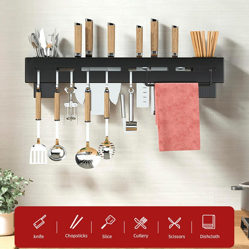 Kitchen Wall Mount Utensil Rack Organizer for Spoons, Knives, Forks, Chopsticks, Cookware Cutlery Holder, Silver