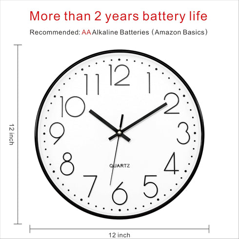 Foxtop 12 Inch Black Wall Clock, Silent Non Ticking Quartz Battery Operated Round Clock for Home Office Decor